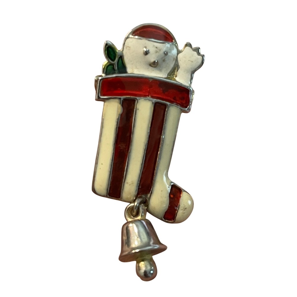 Vintage‎ Christmas Stocking Pin with Jingling Bell – Holiday Enamel Brooch